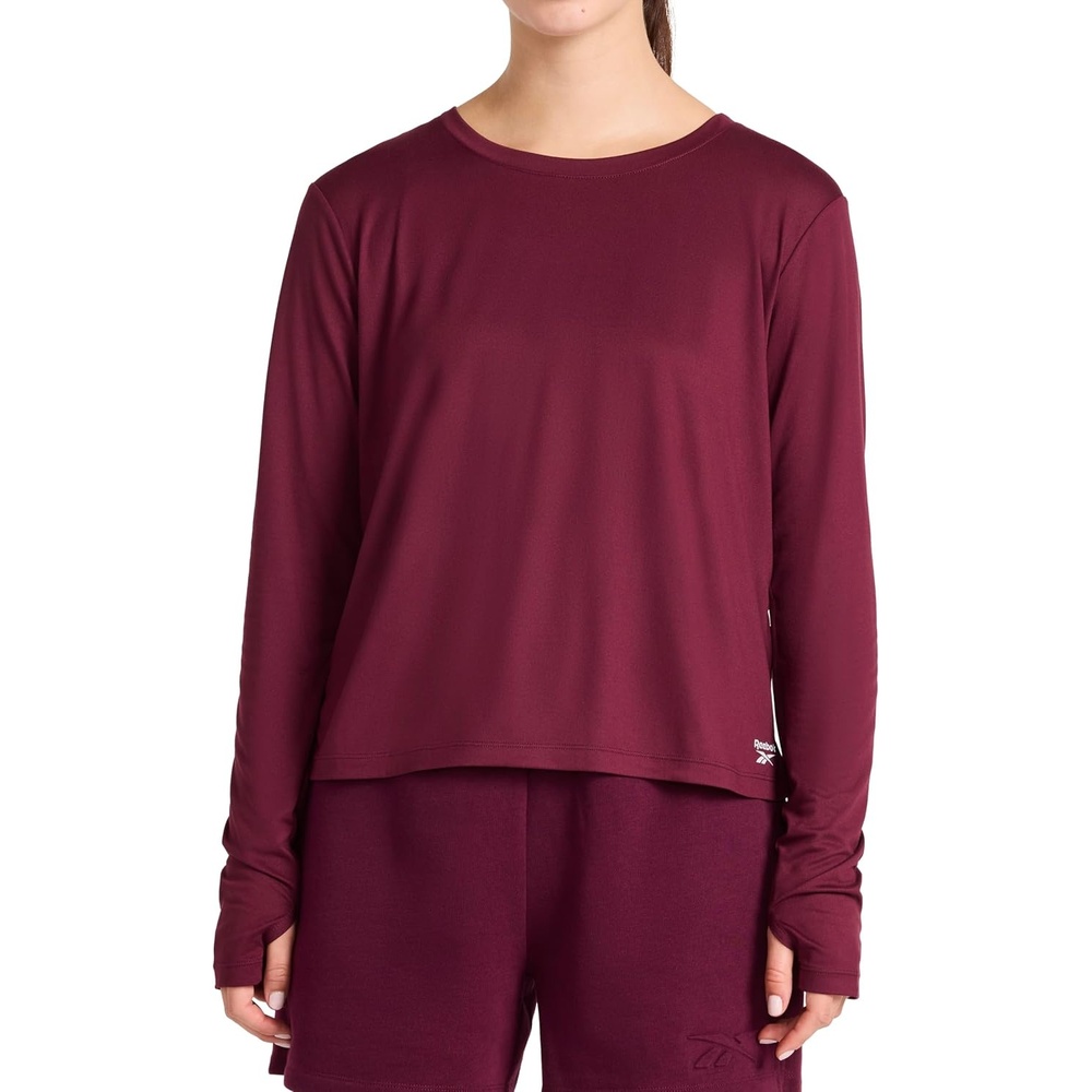 image:imageReebok Womens Long Sleeve Crewneck Top Standard Fit Lightweight Stretch Poly Marled Jersey FabricBlack Cherry