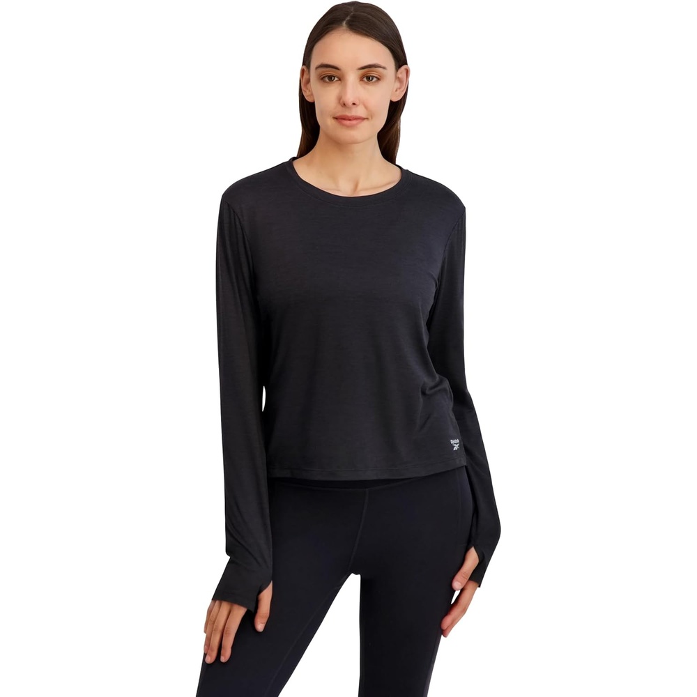 image:imageReebok Womens Long Sleeve Crewneck Top Standard Fit Lightweight Stretch Poly Marled Jersey FabricBlack Heather