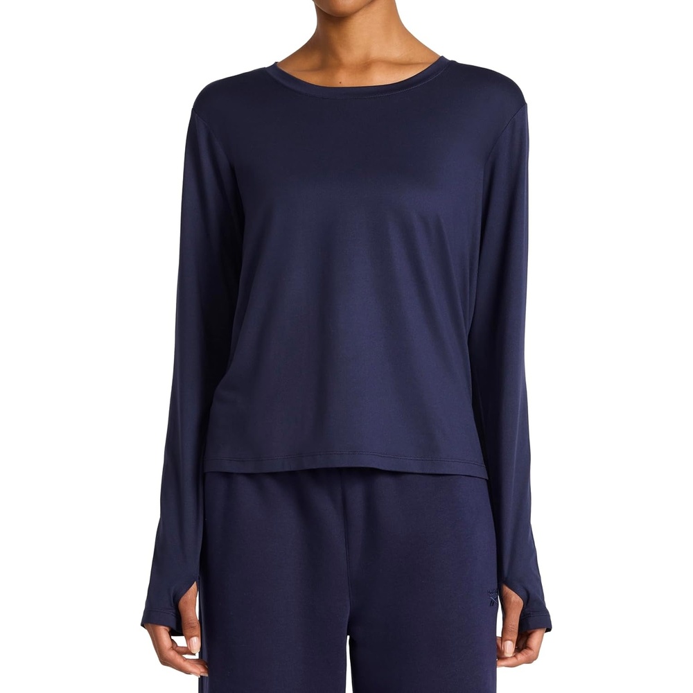 image:imageReebok Womens Long Sleeve Crewneck Top Standard Fit Lightweight Stretch Poly Marled Jersey FabricNavy