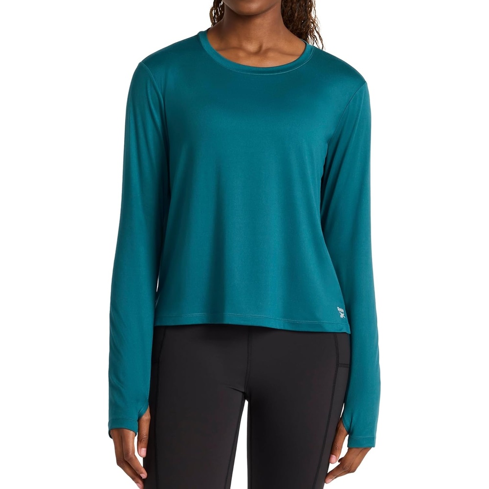 image:imageReebok Womens Long Sleeve Crewneck Top Standard Fit Lightweight Stretch Poly Marled Jersey FabricRetro Teal
