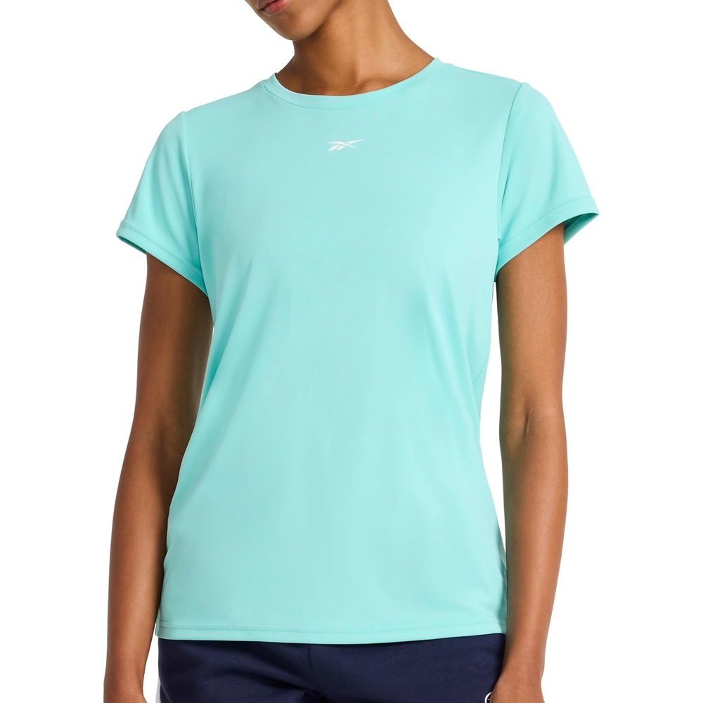 image:imageReebok Womens Small Logo Short Sleeve Crewneck TShirt Lightweight Moisture WickingAi Aqua Id Performance