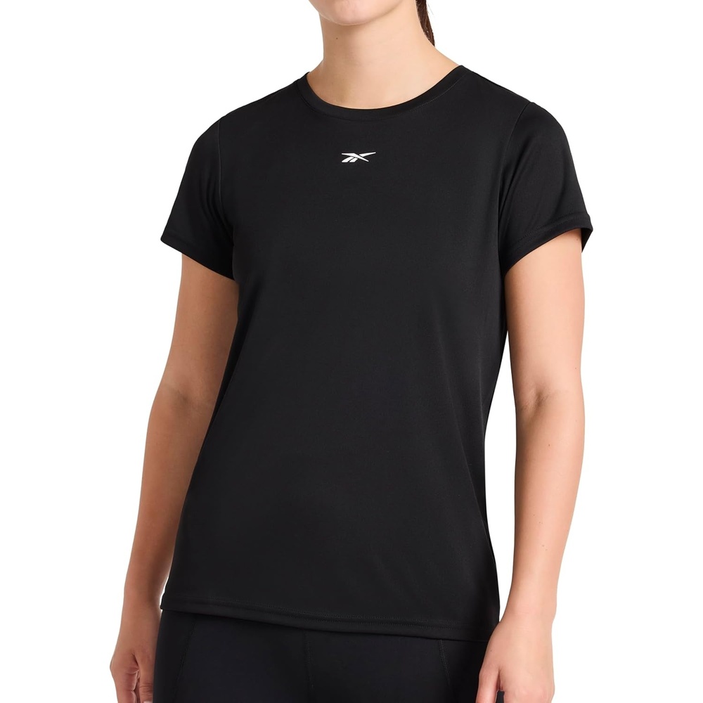 image:imageReebok Womens Small Logo Short Sleeve Crewneck TShirt Lightweight Moisture WickingBlack Id Performance Tech