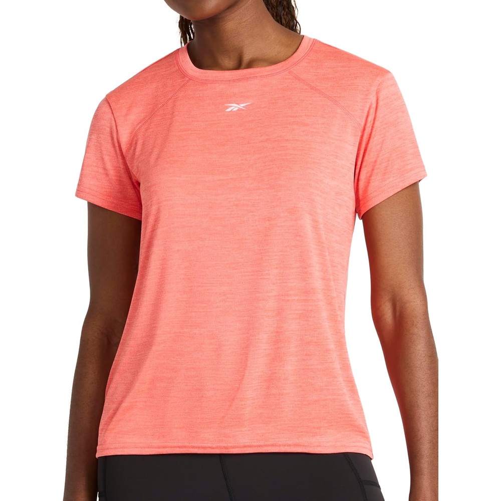 image:imageReebok Womens Small Logo Short Sleeve Crewneck TShirt Lightweight Moisture WickingSunset Coral Heather  Id Train