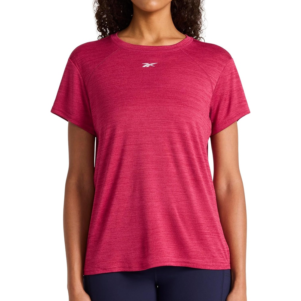 image:imageReebok Womens Small Logo Short Sleeve Crewneck TShirt Lightweight Moisture WickingVector Very Berry Heather Id Train
