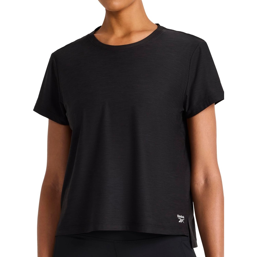 image:imageReebok Womens Tech Short Sleeve Crewneck TShirt Standard Fit Lightweight Stretch Heathered Poly FabricBlack Heather