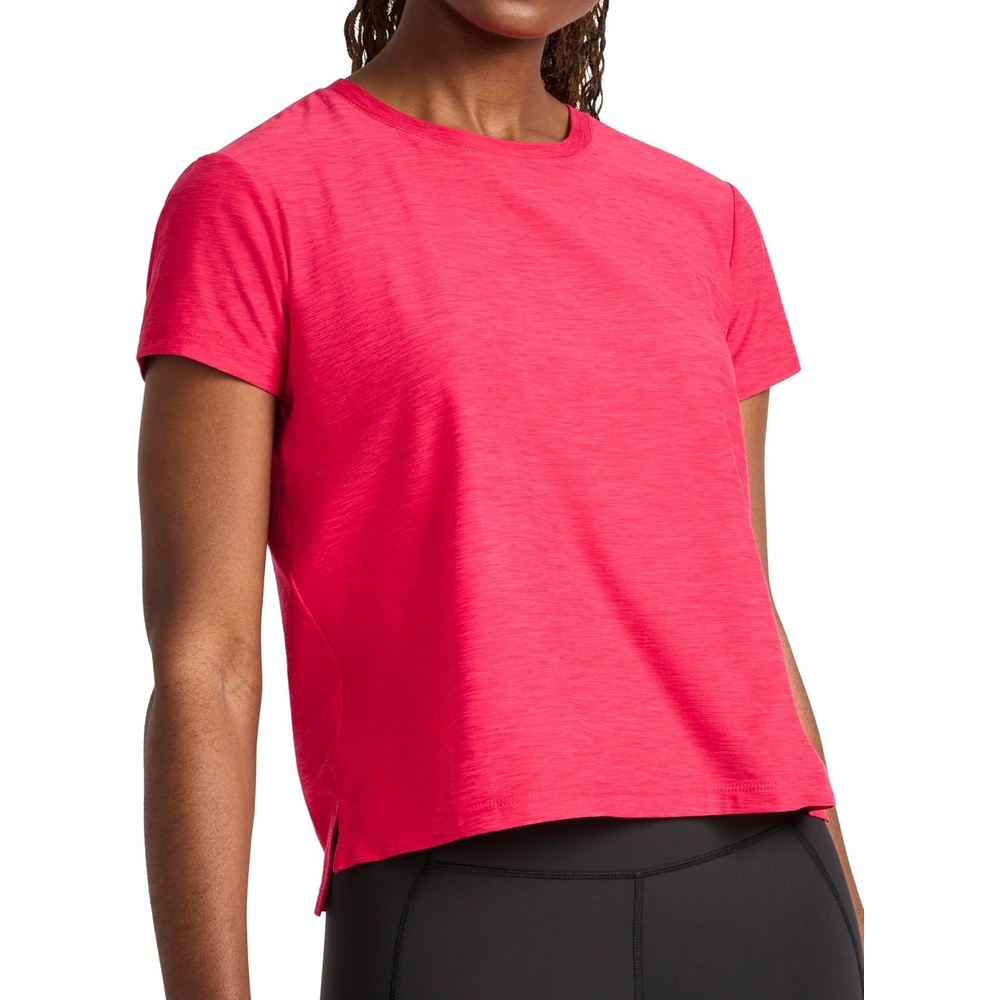 image:imageReebok Womens Tech Short Sleeve Crewneck TShirt Standard Fit Lightweight Stretch Heathered Poly FabricLove Potion Heather