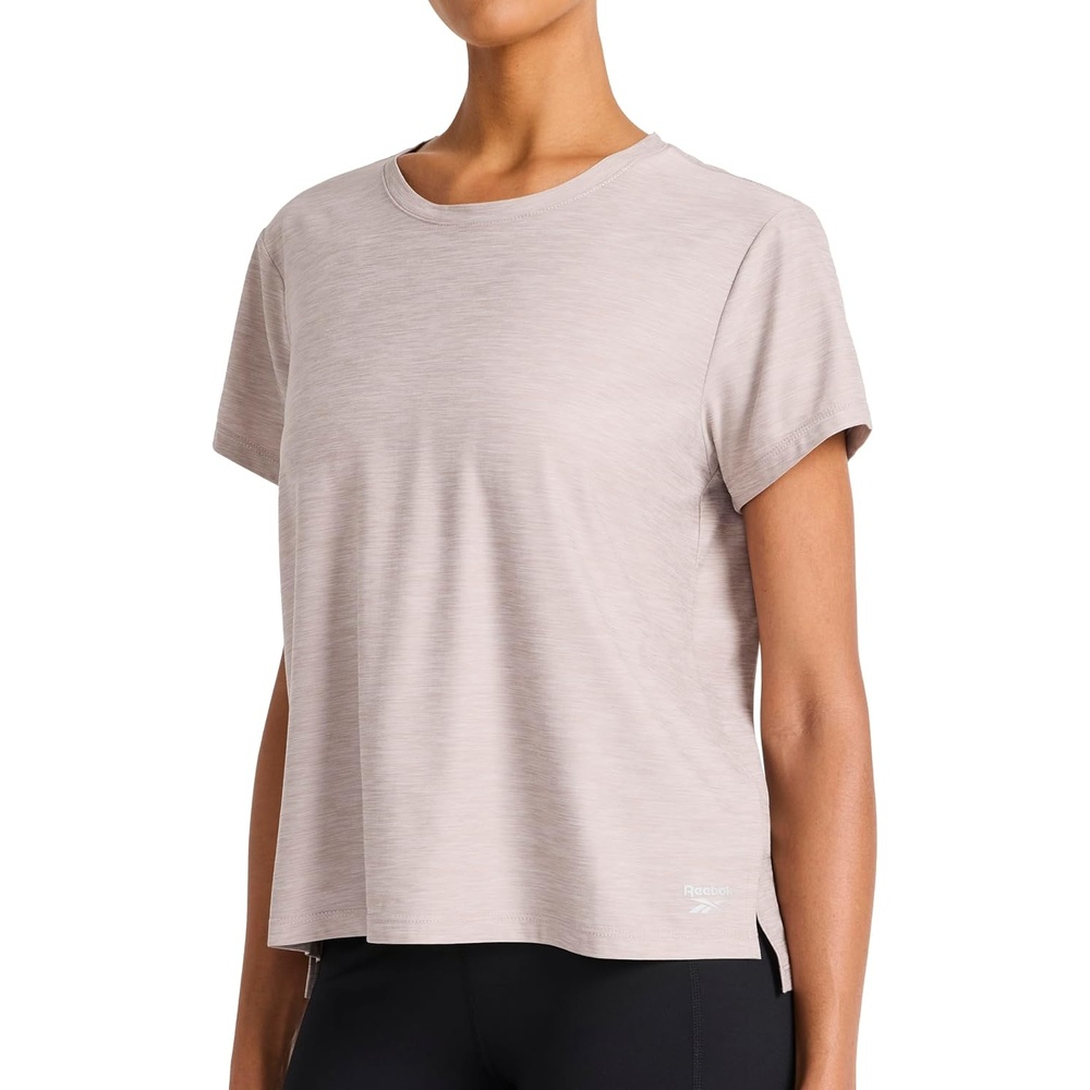 image:imageReebok Womens Tech Short Sleeve Crewneck TShirt Standard Fit Lightweight Stretch Heathered Poly FabricOpal Grey Heather