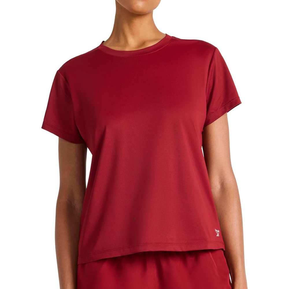 image:imageReebok Womens Weightless Short Sleeve Mesh Crewneck TShirt Standard Fit Stretch Poly FabricRetro Red