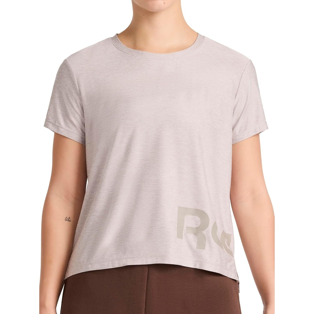 image:imageReebok Womens Wrap Around Wordmark Graphic Crewneck TShirt Standard Fit Lightweight Stretch Poly Marled Jersey FabricOpal Grey Heather