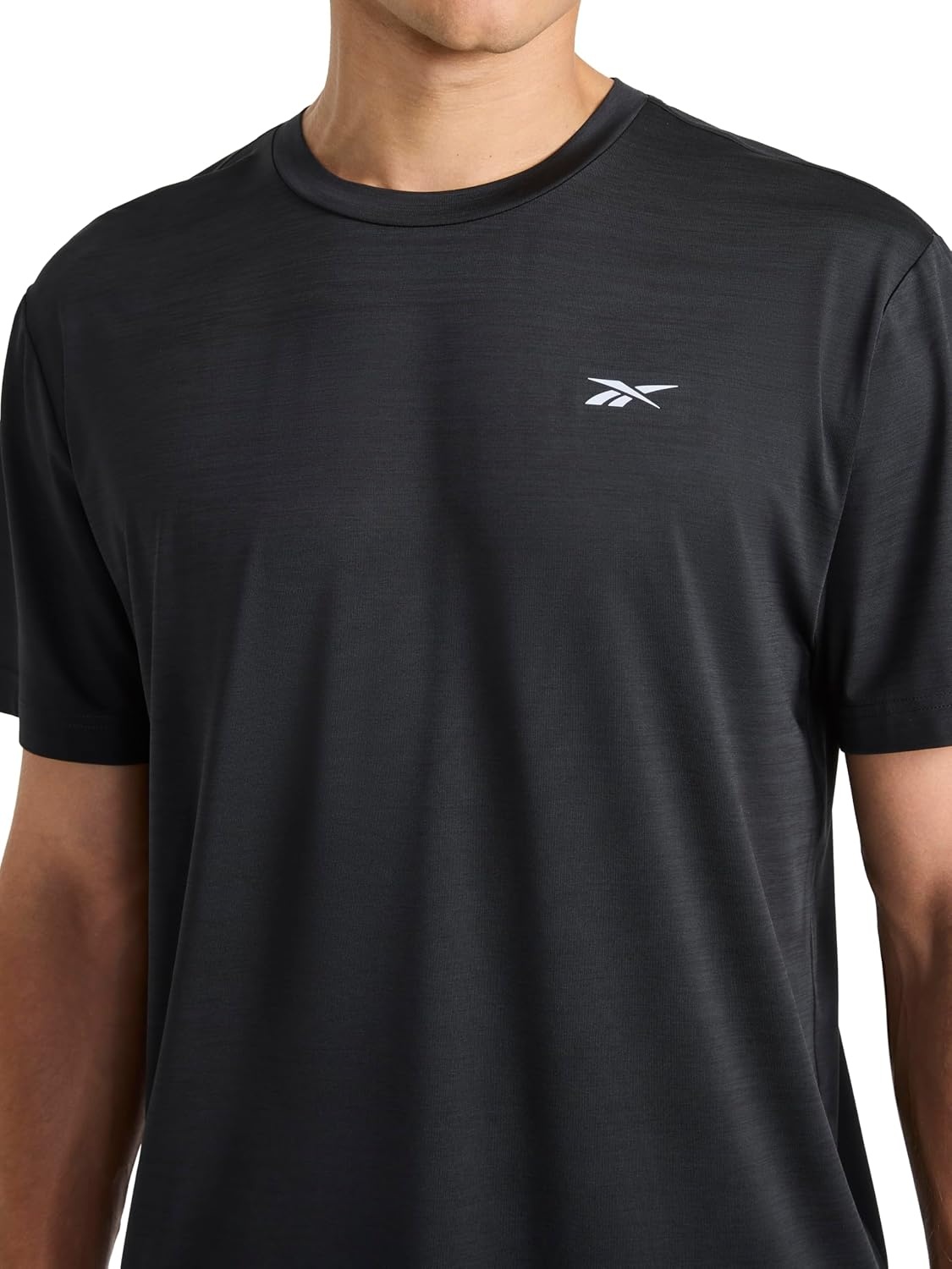 image:imageReebok Mens Reflective Small Logo Crewneck TShirt Standard Fit Lightweight Cool Touch Jersey FabricBlack Heather Lightning