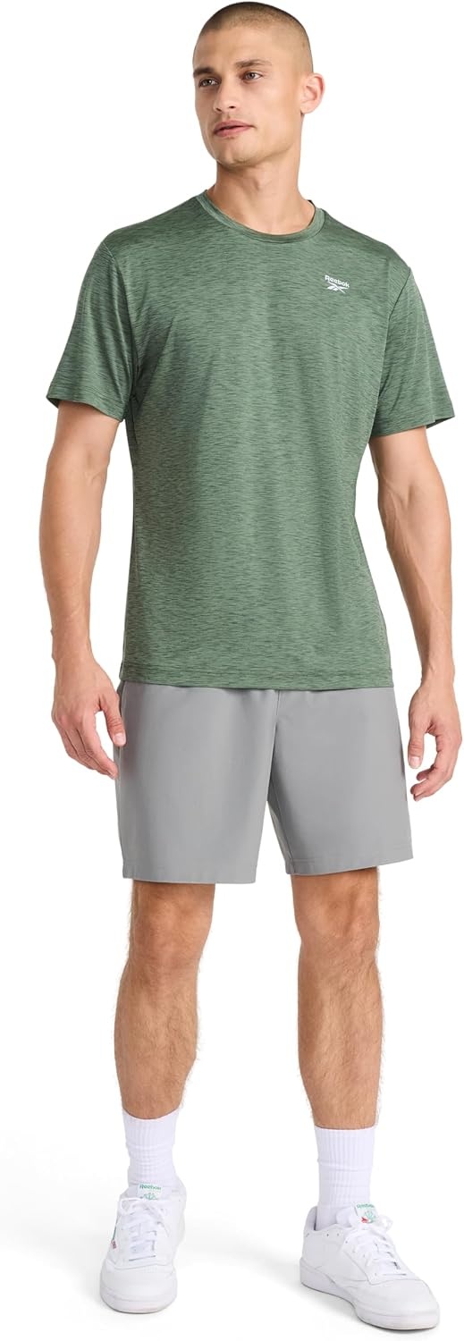 image:imageReebok Mens Reflective Small Logo Crewneck TShirt Standard Fit Lightweight Cool Touch Jersey FabricDuck Green Heather Showdown