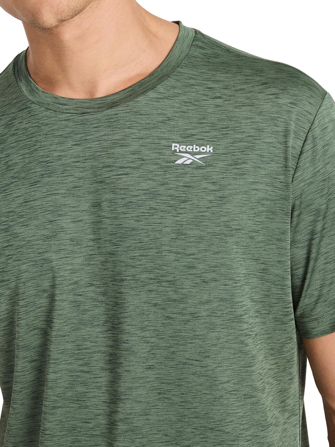 image:imageReebok Mens Reflective Small Logo Crewneck TShirt Standard Fit Lightweight Cool Touch Jersey FabricDuck Green Heather Showdown