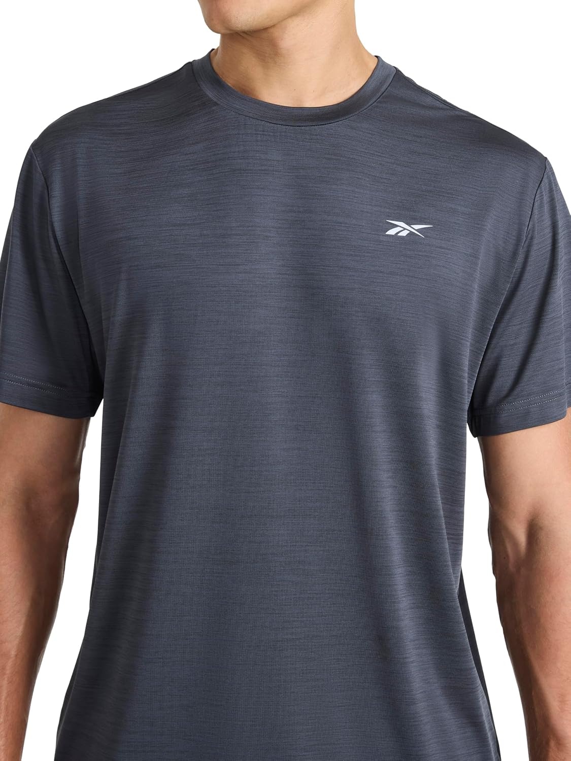 image:imageReebok Mens Reflective Small Logo Crewneck TShirt Standard Fit Lightweight Cool Touch Jersey FabricEbony Heather Lightning