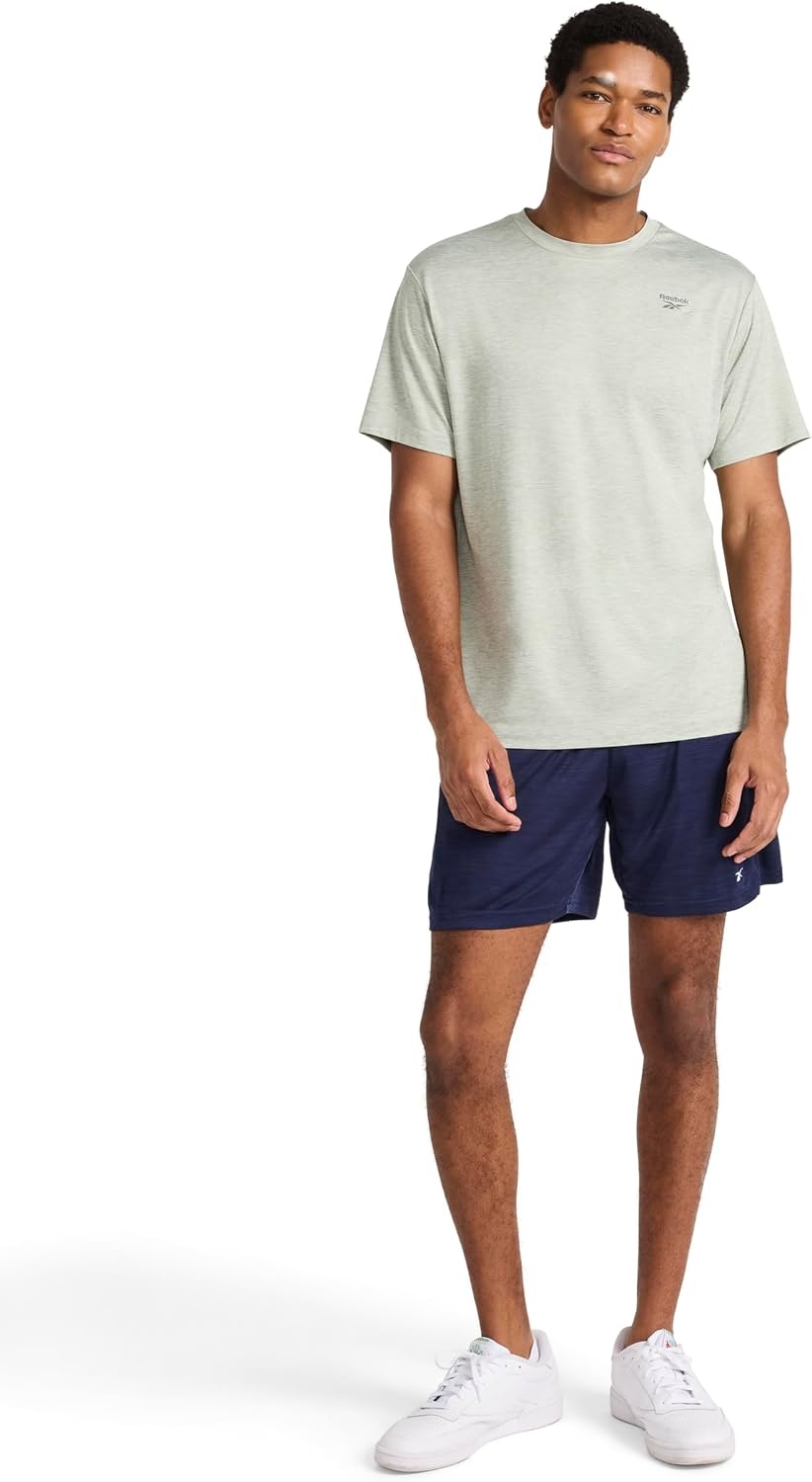 image:imageReebok Mens Reflective Small Logo Crewneck TShirt Standard Fit Lightweight Cool Touch Jersey FabricIceberg Green Heather Showdown
