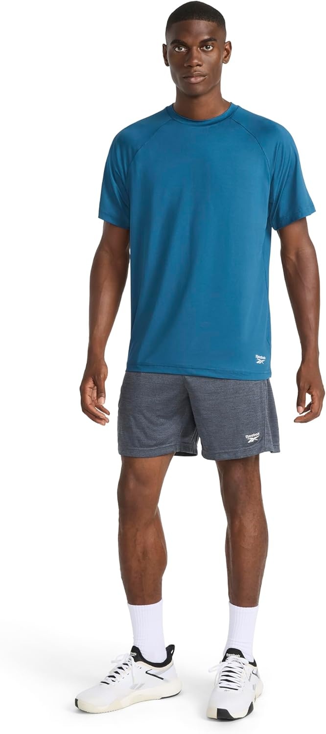 image:imageReebok Mens Reflective Small Logo Crewneck TShirt Standard Fit Lightweight Cool Touch Jersey FabricMajolica Blue Sonic Bolt