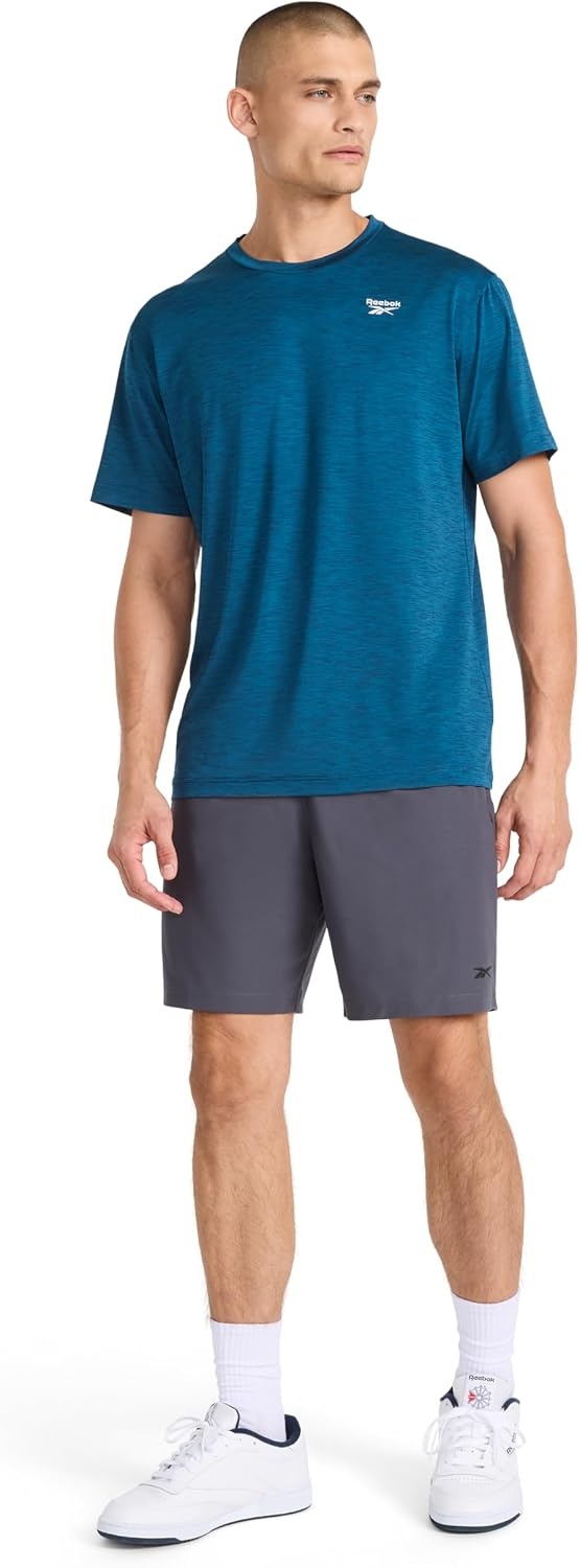 image:imageReebok Mens Reflective Small Logo Crewneck TShirt Standard Fit Lightweight Cool Touch Jersey FabricMajolica Blue Heather Showdown