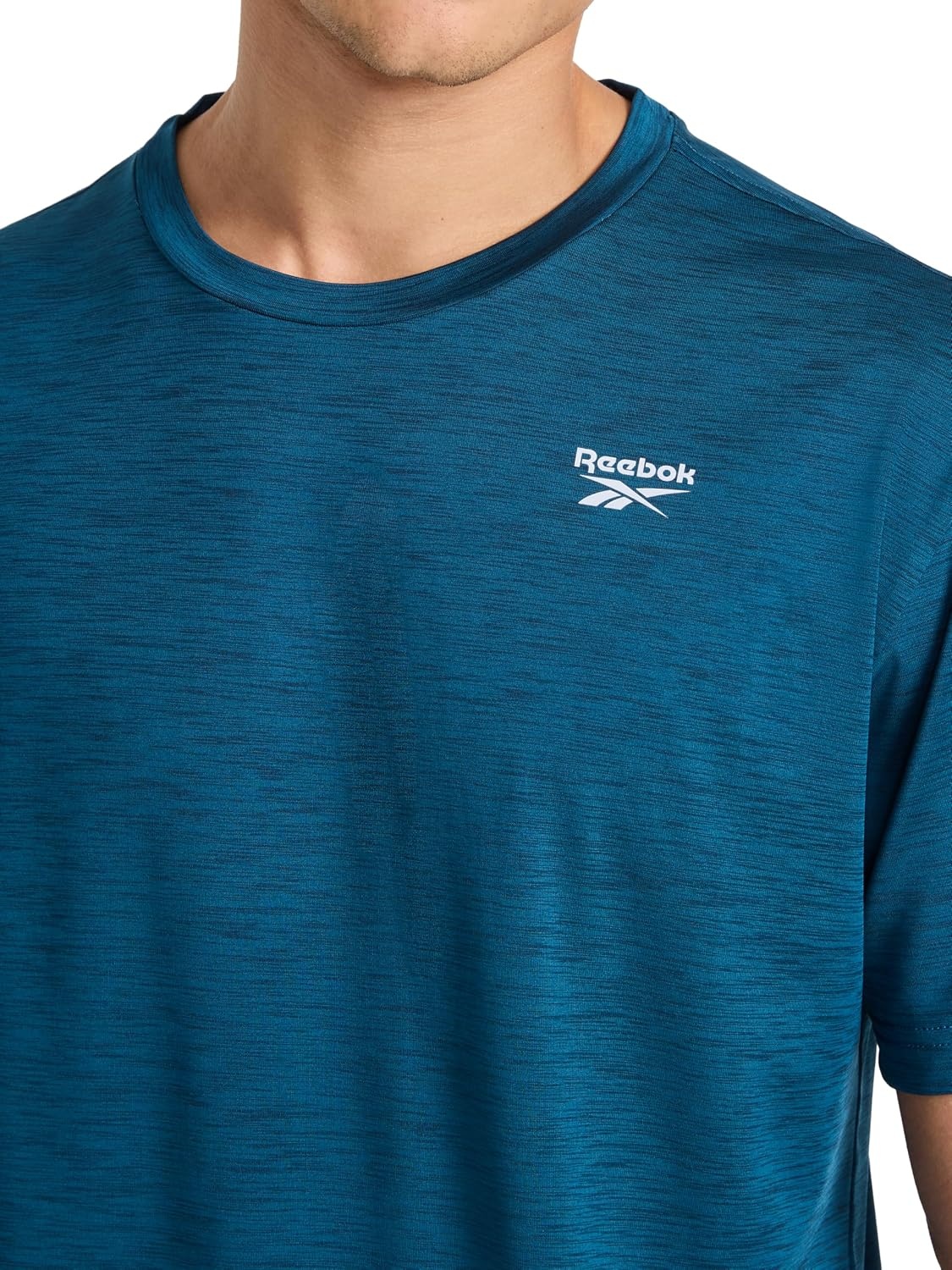 image:imageReebok Mens Reflective Small Logo Crewneck TShirt Standard Fit Lightweight Cool Touch Jersey FabricMajolica Blue Heather Showdown