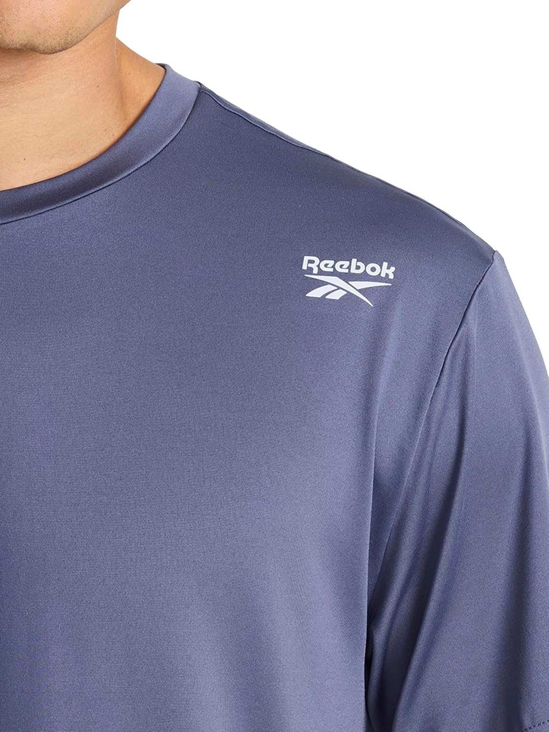image:imageReebok Mens Reflective Small Logo Crewneck TShirt Standard Fit Lightweight Cool Touch Jersey FabricNightshadow Blue Bolt Strike