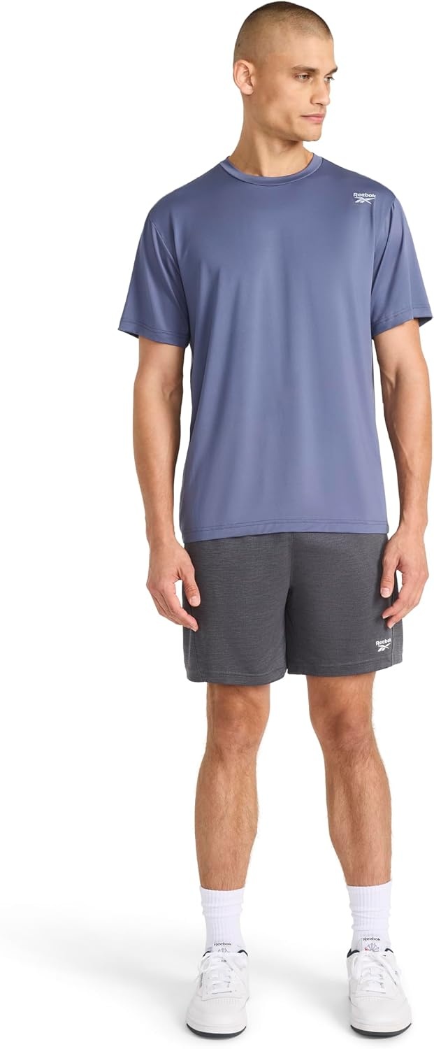 image:imageReebok Mens Reflective Small Logo Crewneck TShirt Standard Fit Lightweight Cool Touch Jersey FabricNightshadow Blue Bolt Strike