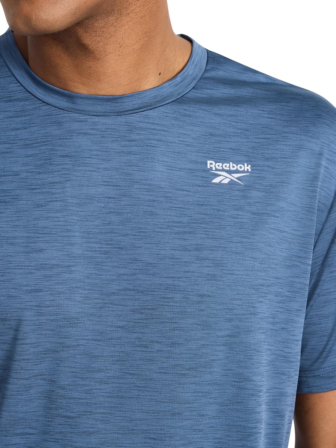 image:imageReebok Mens Reflective Small Logo Crewneck TShirt Standard Fit Lightweight Cool Touch Jersey FabricVector Shadow Heather Showdown