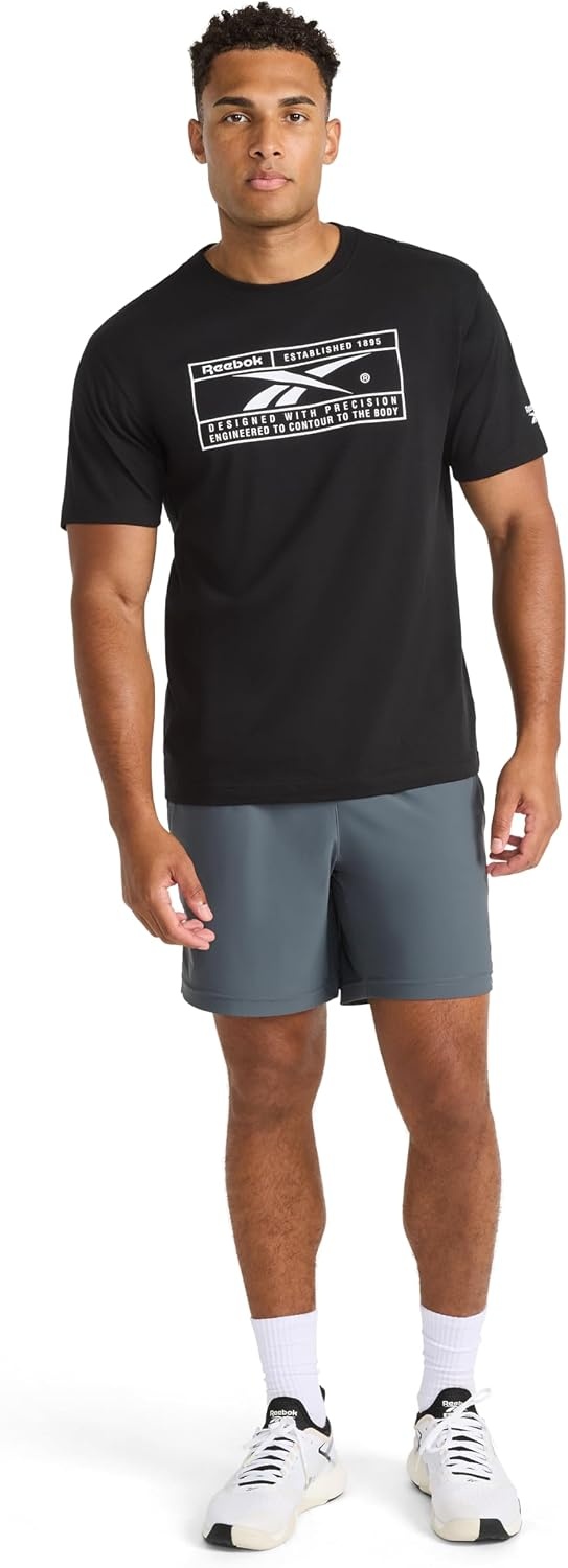 image:imageReebok Mens Short Sleeve Graphic Crewneck TShirt Standard Fit Lightweight CottonPoly FabricBlackStark White Locker