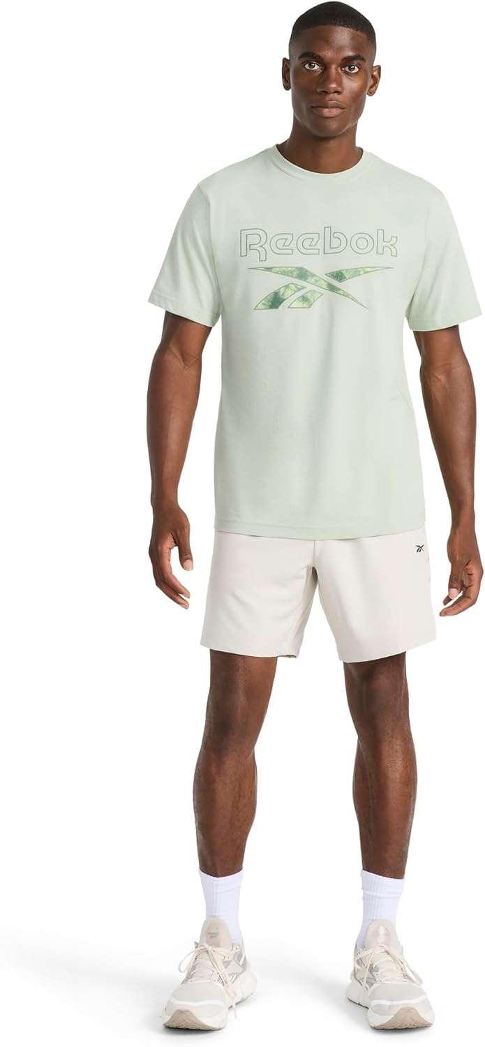 image:imageReebok Mens Short Sleeve Graphic Crewneck TShirt Standard Fit Lightweight CottonPoly FabricDesert Sage Aether