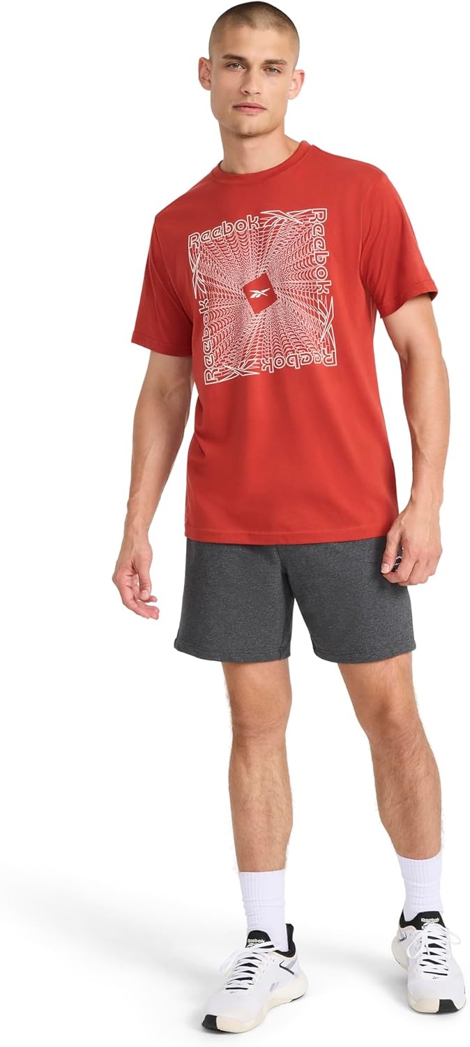 image:imageReebok Mens Short Sleeve Graphic Crewneck TShirt Standard Fit Lightweight CottonPoly FabricRed Ochre Vortex