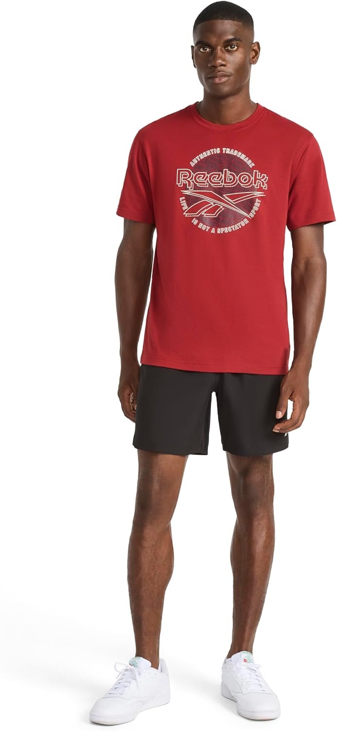 image:imageReebok Mens Short Sleeve Graphic Crewneck TShirt Standard Fit Lightweight CottonPoly FabricRetro Red Meridian