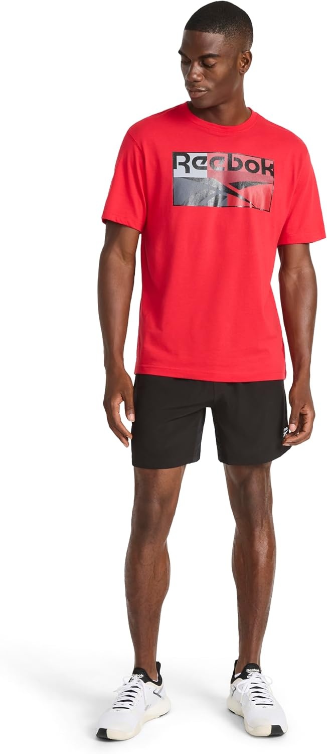 image:imageReebok Mens Short Sleeve Graphic Crewneck TShirt Standard Fit Lightweight CottonPoly FabricVector Red Charade