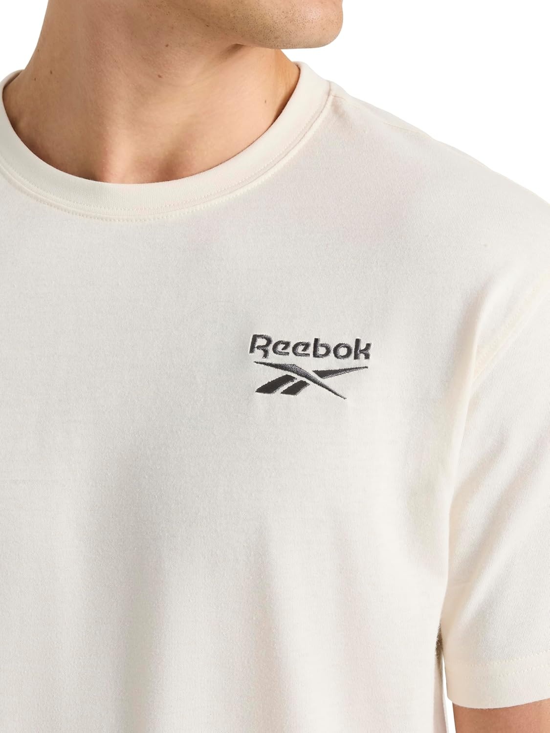 image:imageReebok Mens Small Logo Crewneck TShirt Standard Fit Lightweight CottonPoly Jersey FabricBirch Small Embroidery