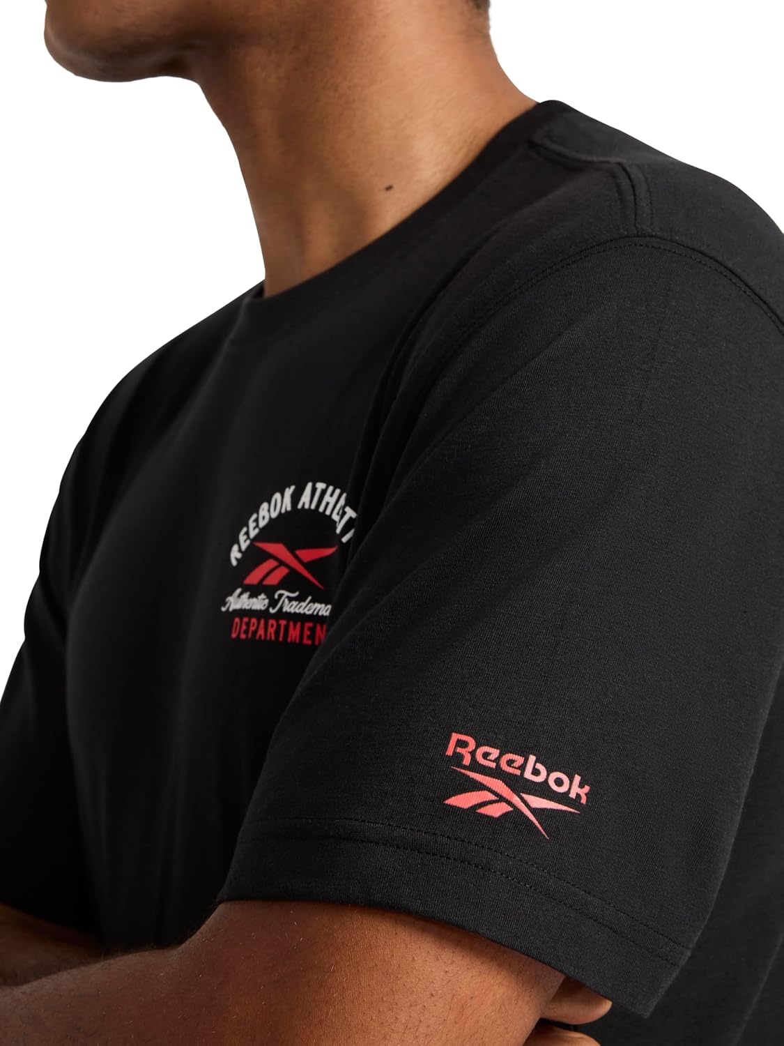 image:imageReebok Mens Small Logo Crewneck TShirt Standard Fit Lightweight CottonPoly Jersey FabricBlack Athletics Dept