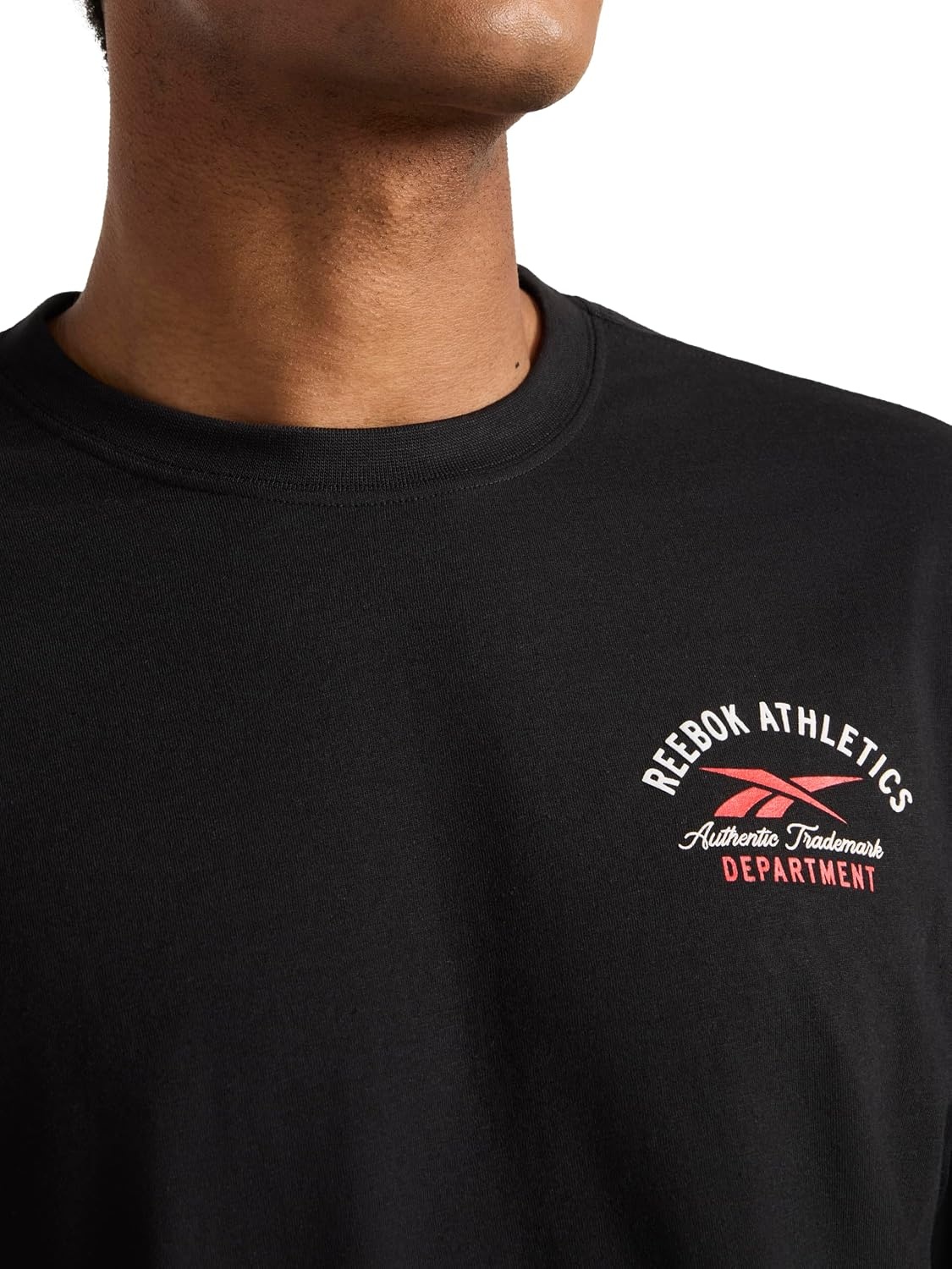 image:imageReebok Mens Small Logo Crewneck TShirt Standard Fit Lightweight CottonPoly Jersey FabricBlack Athletics Dept