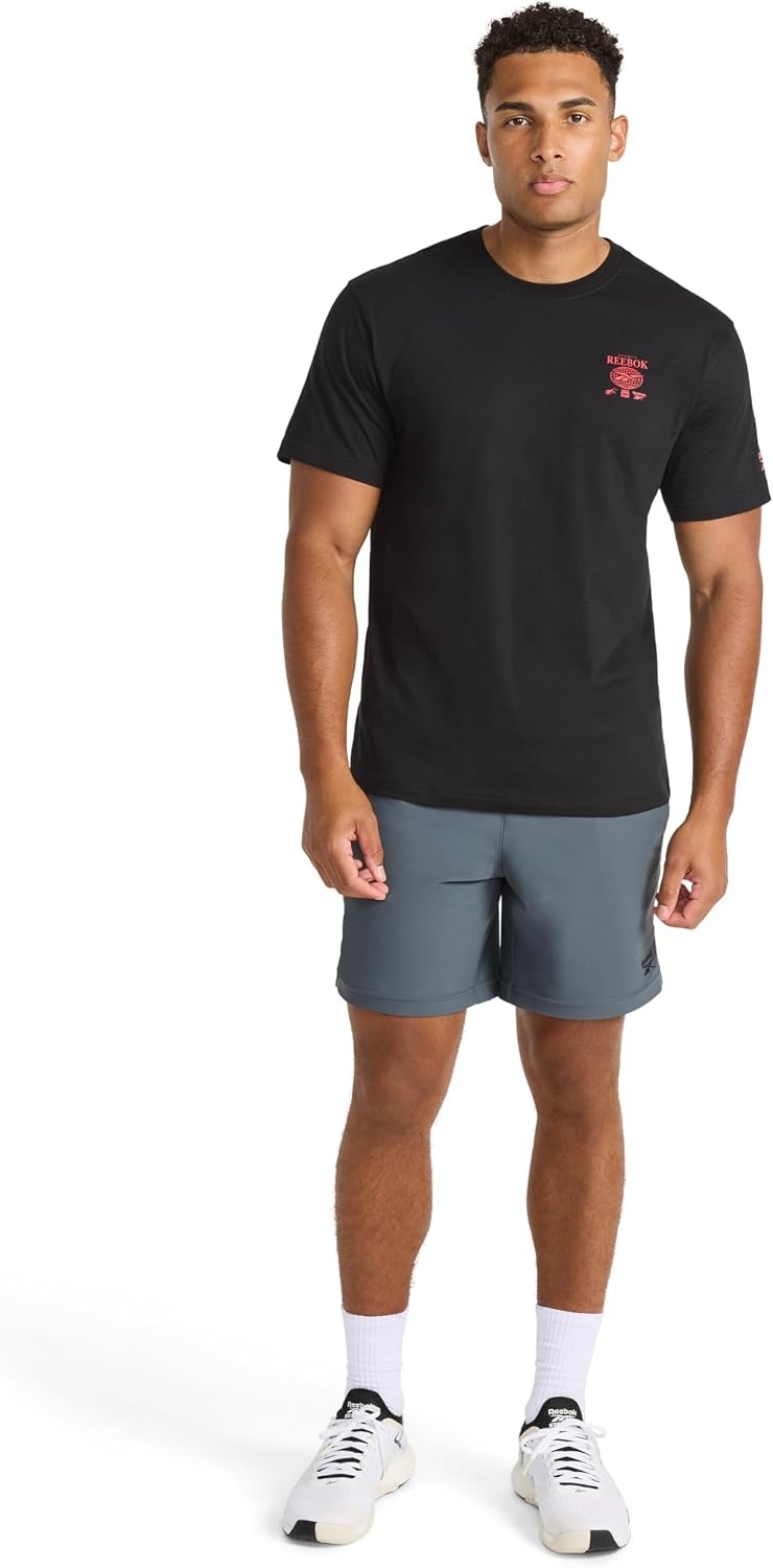 image:imageReebok Mens Small Logo Crewneck TShirt Standard Fit Lightweight CottonPoly Jersey FabricBlack Globe