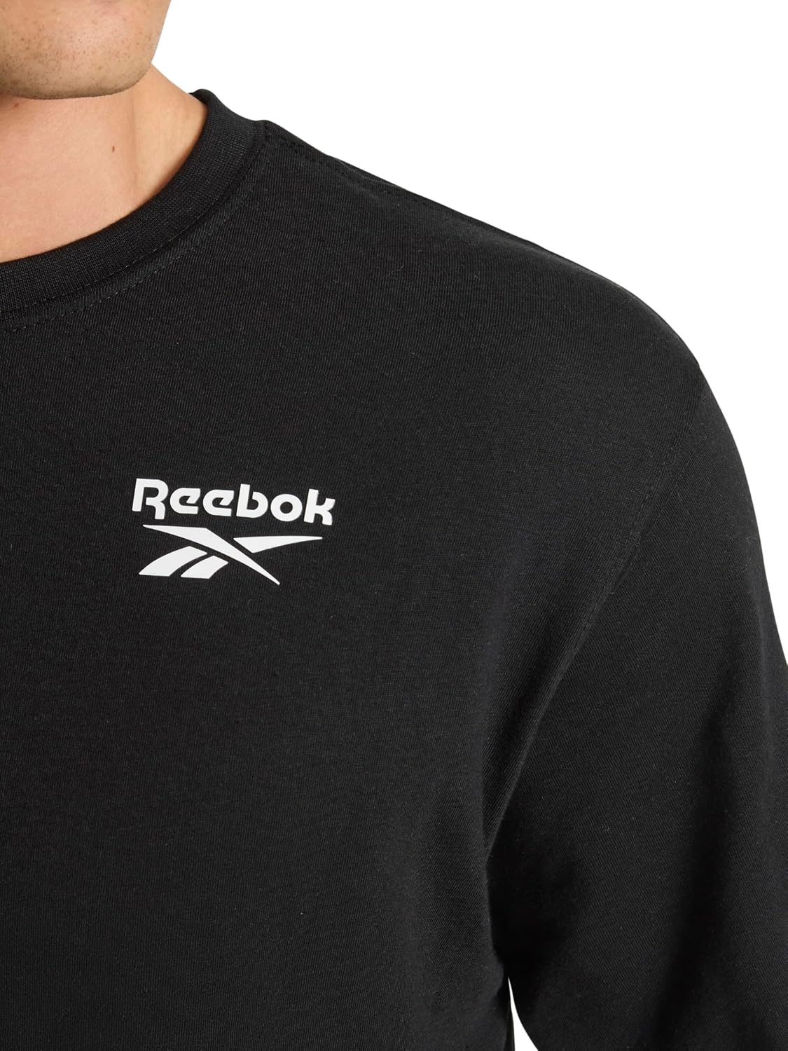 image:imageReebok Mens Small Logo Crewneck TShirt Standard Fit Lightweight CottonPoly Jersey FabricBlack Peak