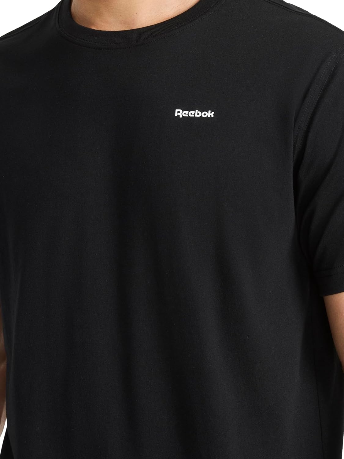 image:imageReebok Mens Small Logo Crewneck TShirt Standard Fit Lightweight CottonPoly Jersey FabricBlack Schematic