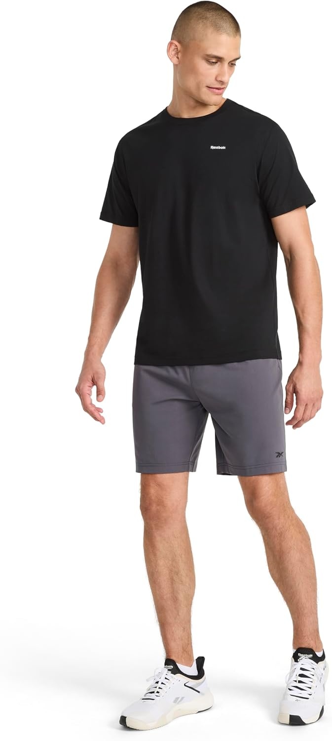 image:imageReebok Mens Small Logo Crewneck TShirt Standard Fit Lightweight CottonPoly Jersey FabricBlack Schematic