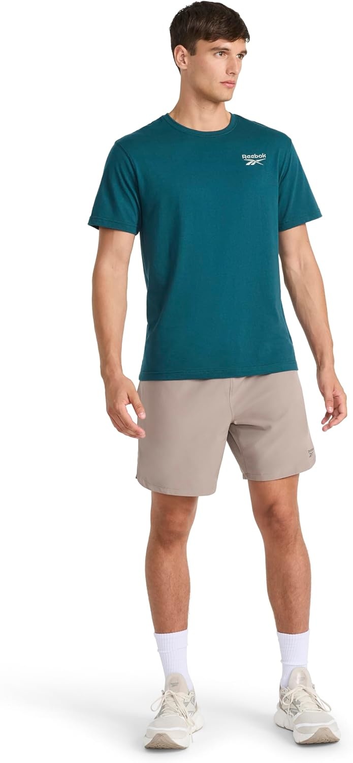 image:imageReebok Mens Small Logo Crewneck TShirt Standard Fit Lightweight CottonPoly Jersey FabricDeep Teal Small Embroidery