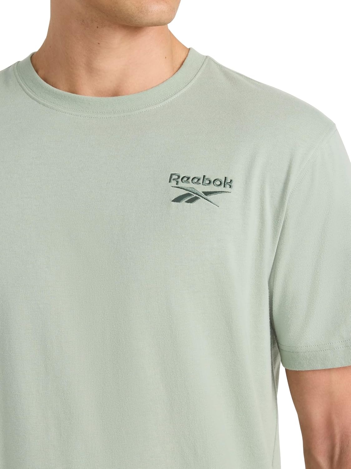 image:imageReebok Mens Small Logo Crewneck TShirt Standard Fit Lightweight CottonPoly Jersey FabricIceberg Green Small Embroidery