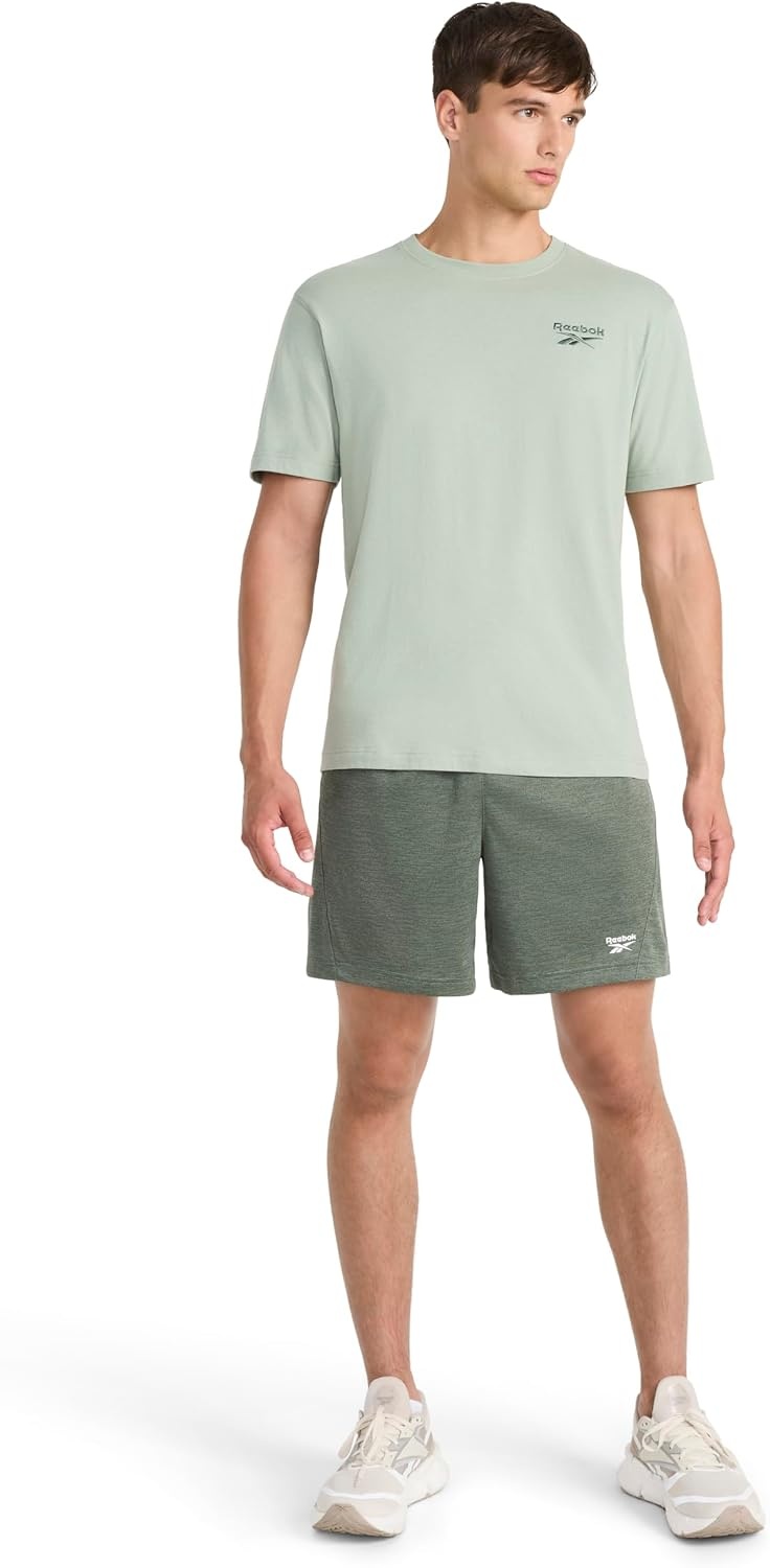image:imageReebok Mens Small Logo Crewneck TShirt Standard Fit Lightweight CottonPoly Jersey FabricIceberg Green Small Embroidery