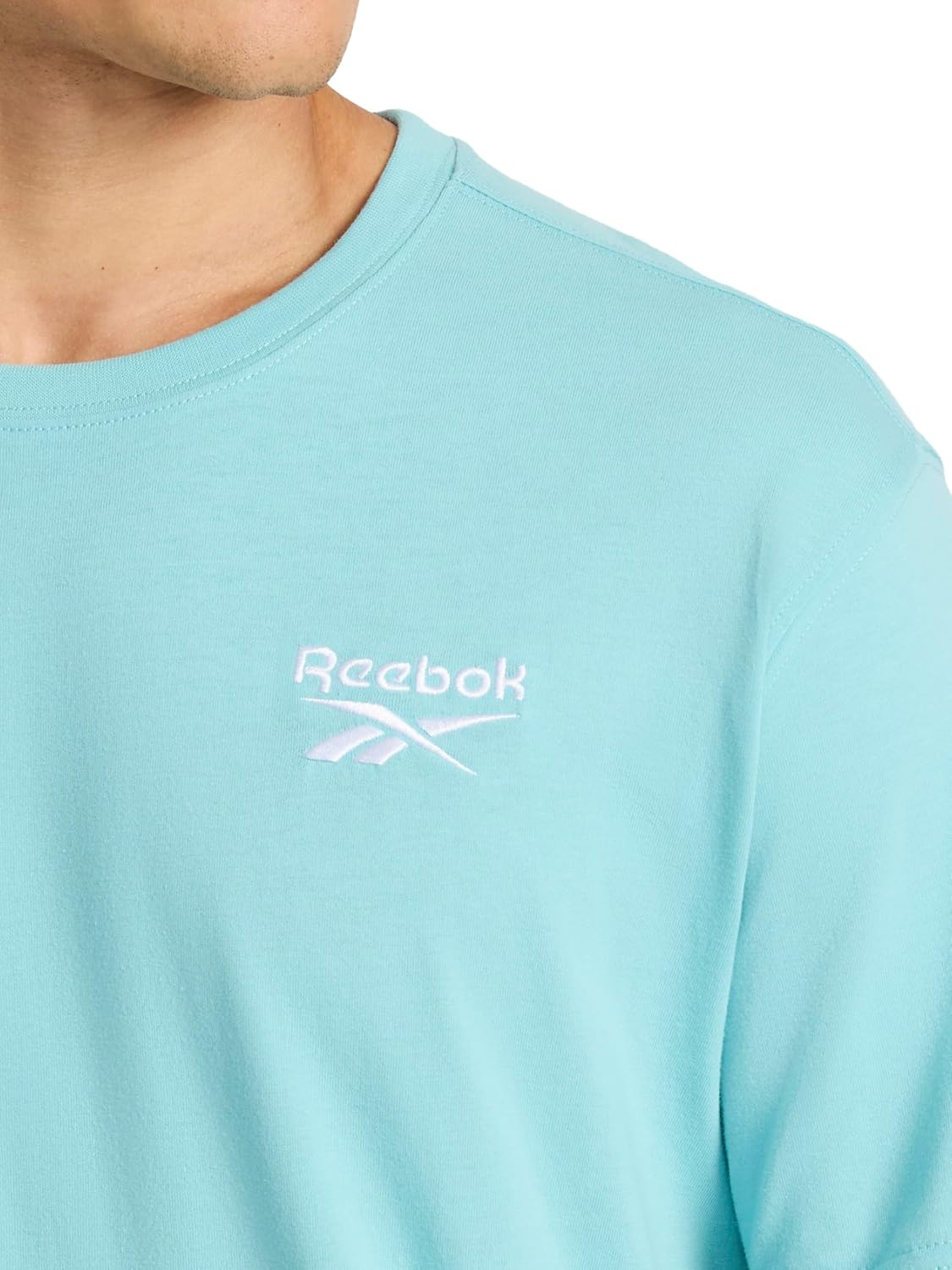 image:imageReebok Mens Small Logo Crewneck TShirt Standard Fit Lightweight CottonPoly Jersey FabricMarine Blue Small Embroidery