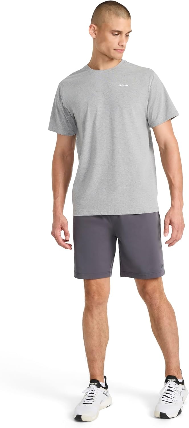 image:imageReebok Mens Small Logo Crewneck TShirt Standard Fit Lightweight CottonPoly Jersey FabricMedium Grey Heather Schematic