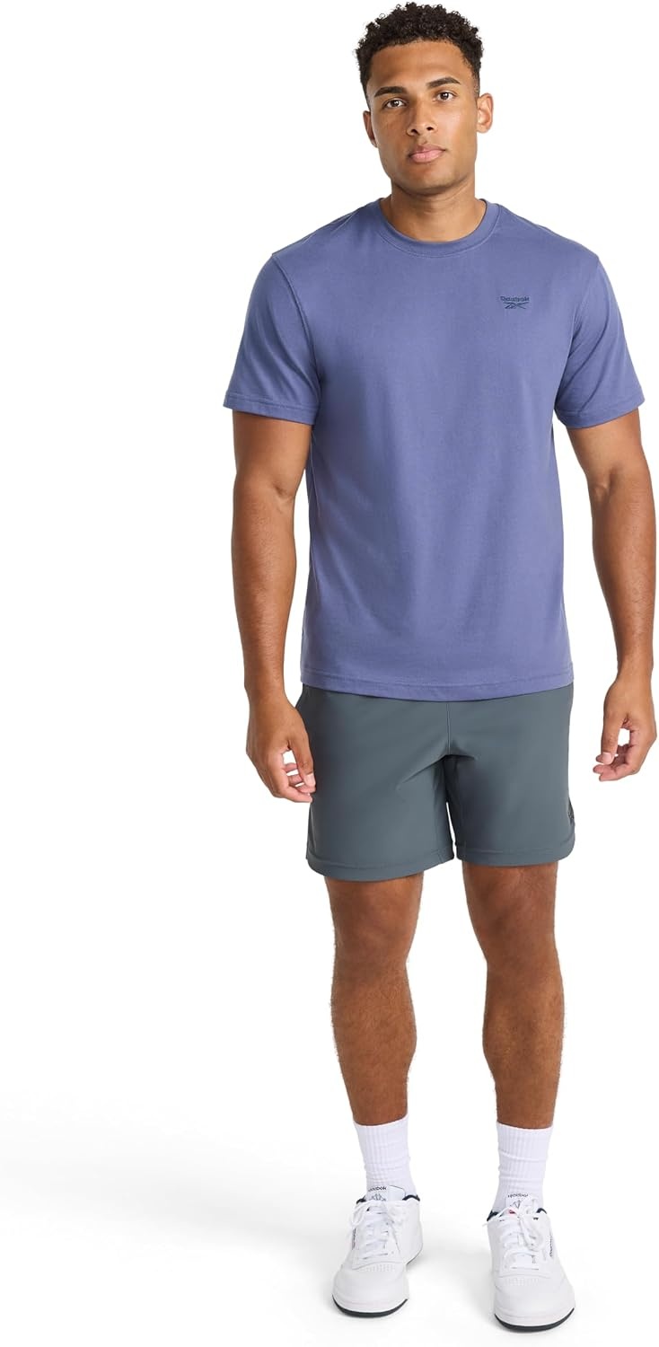 image:imageReebok Mens Small Logo Crewneck TShirt Standard Fit Lightweight CottonPoly Jersey FabricNightshadow Blue Embroidery