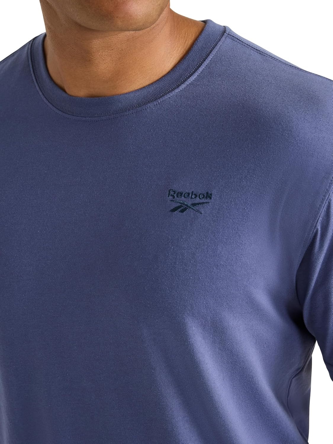 image:imageReebok Mens Small Logo Crewneck TShirt Standard Fit Lightweight CottonPoly Jersey FabricNightshadow Blue Embroidery
