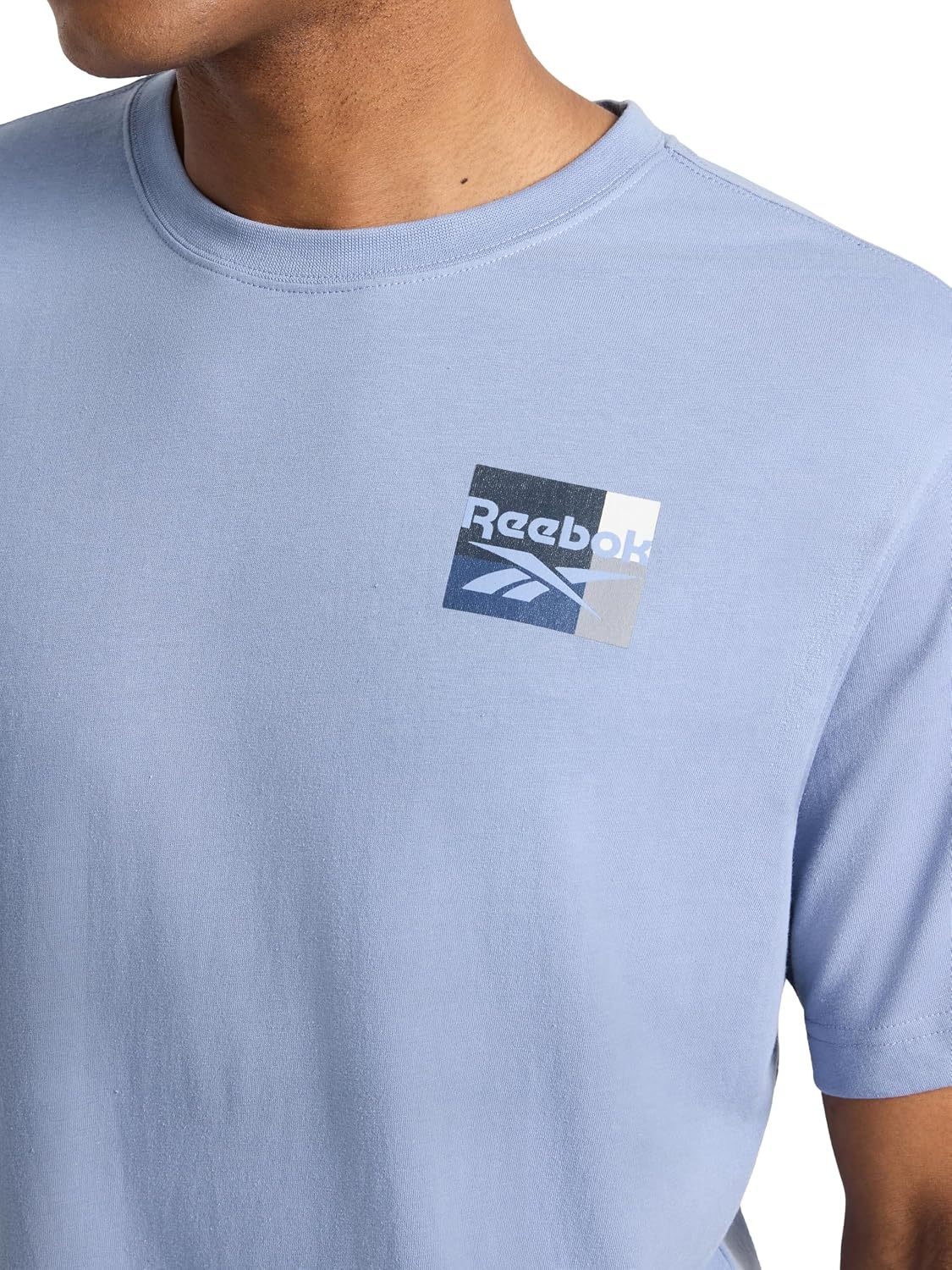 image:imageReebok Mens Small Logo Crewneck TShirt Standard Fit Lightweight CottonPoly Jersey FabricStonewash Bebop
