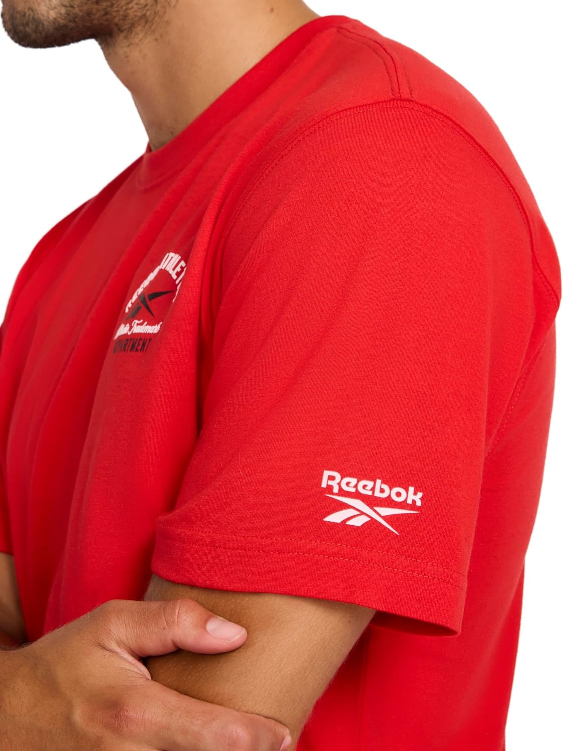 image:imageReebok Mens Small Logo Crewneck TShirt Standard Fit Lightweight CottonPoly Jersey FabricVector Red Athletics Dept