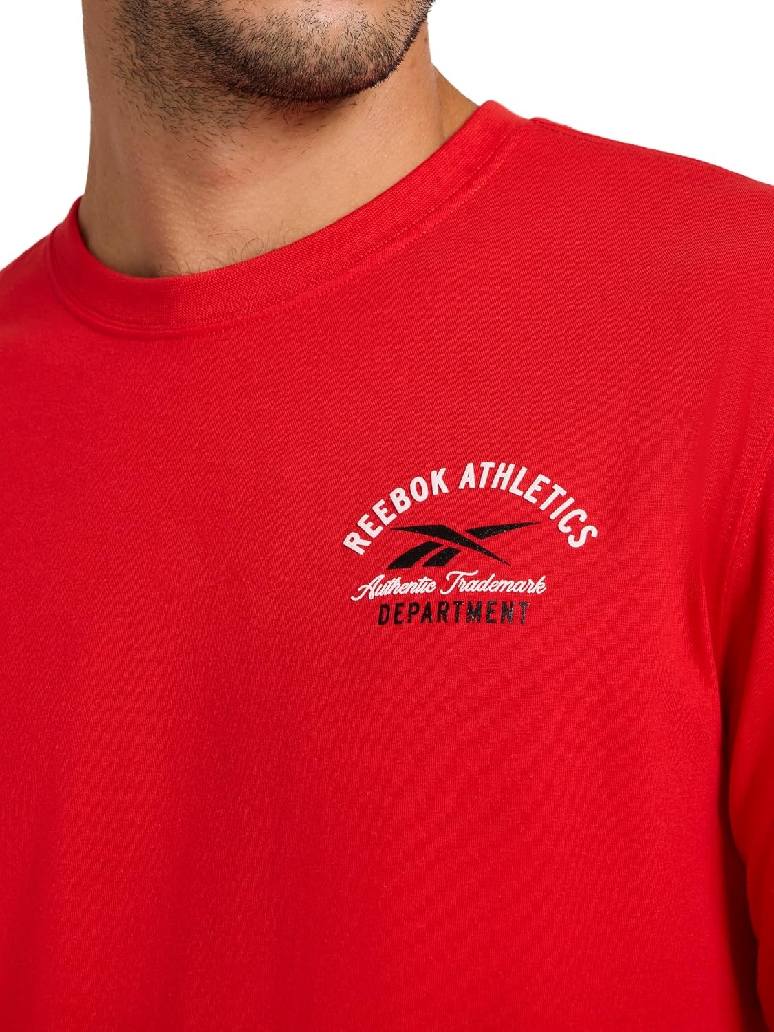 image:imageReebok Mens Small Logo Crewneck TShirt Standard Fit Lightweight CottonPoly Jersey FabricVector Red Athletics Dept