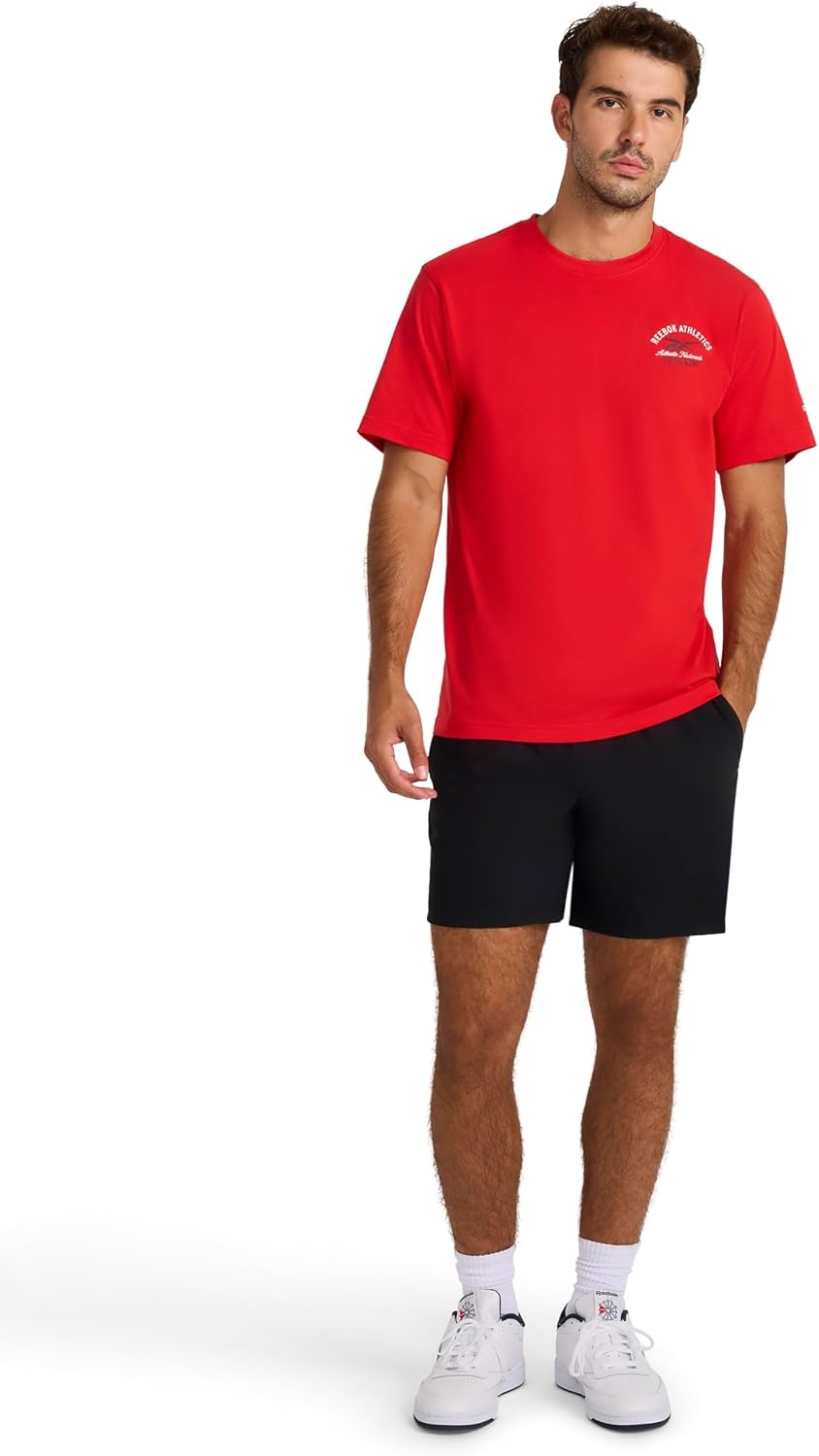 image:imageReebok Mens Small Logo Crewneck TShirt Standard Fit Lightweight CottonPoly Jersey FabricVector Red Athletics Dept