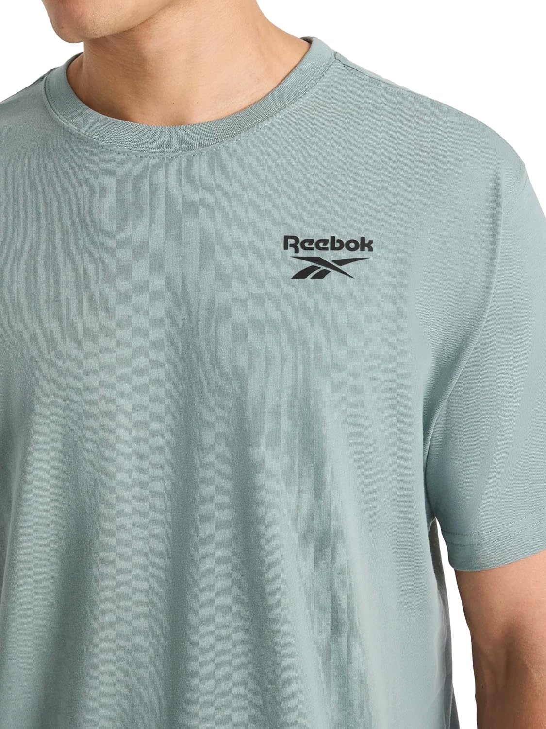 image:imageReebok Mens Small Logo Crewneck TShirt Standard Fit Lightweight CottonPoly Jersey FabricVintage Moss Peak