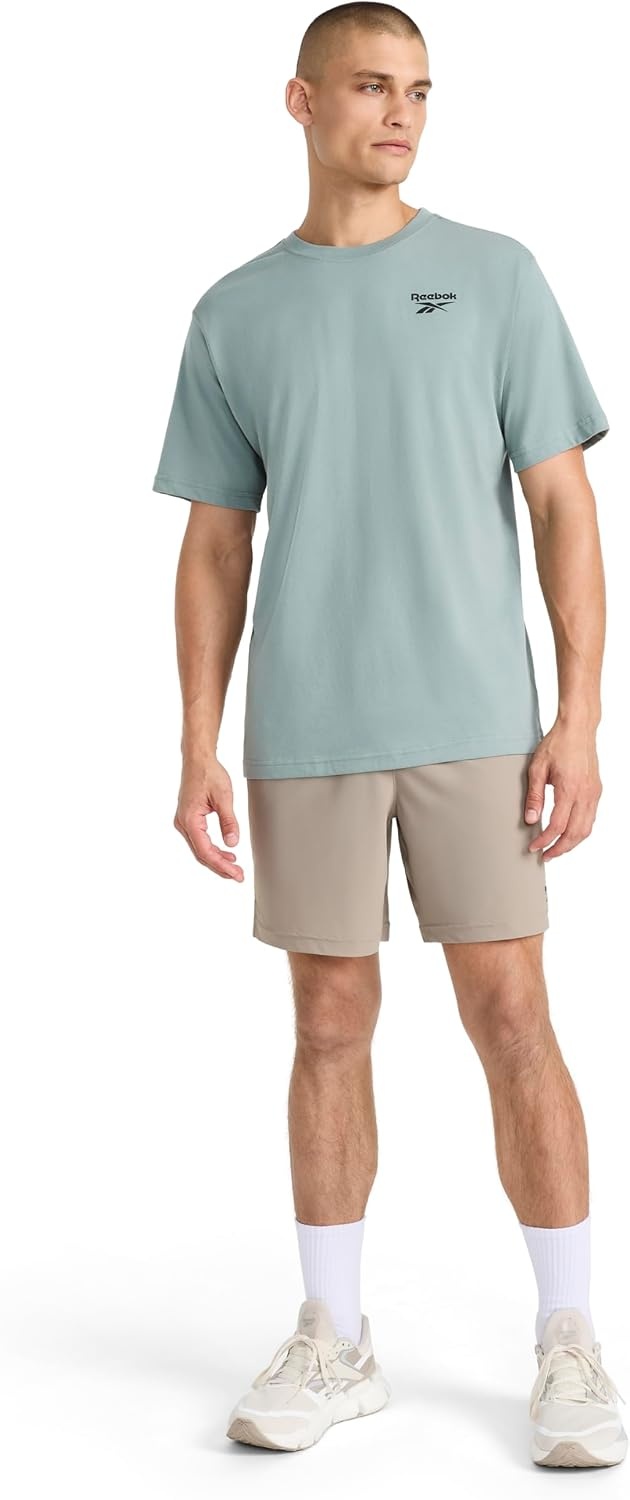 image:imageReebok Mens Small Logo Crewneck TShirt Standard Fit Lightweight CottonPoly Jersey FabricVintage Moss Peak