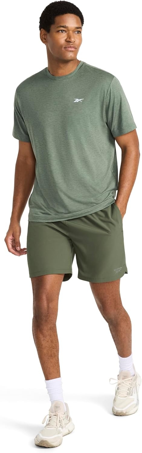 image:imageReebok Mens Strike Short Sleeve Crewneck TShirt Standard Fit Lightweight Stretch Poly Jersey FabricDuck Green Heather